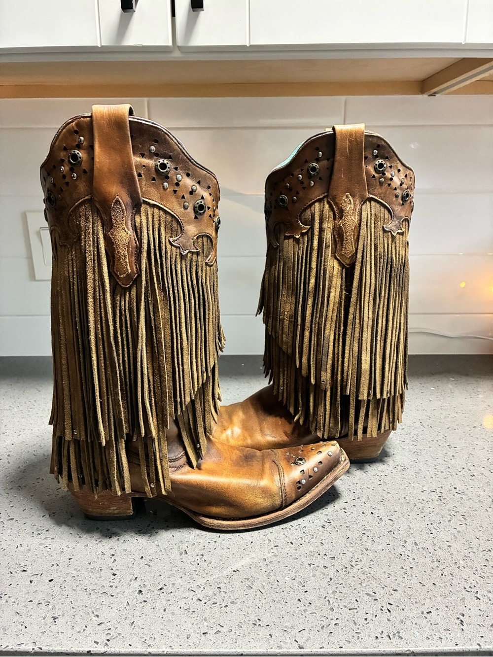 Women's Brown Leather Fringe Western Heeled Boots - Picture 2 of 6